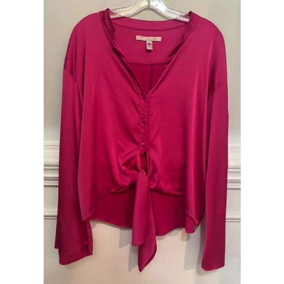Hutch Blouse Medium Tie Waist Hot Pink Bell Sleeve Silky Button Front - Picture 2 of 9